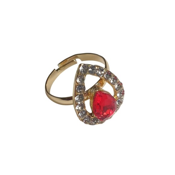 Gold Tone Open Adjustable Ring Red Gemstone Crystal Accents Tear Drop Mom Gift - Picture 1 of 5